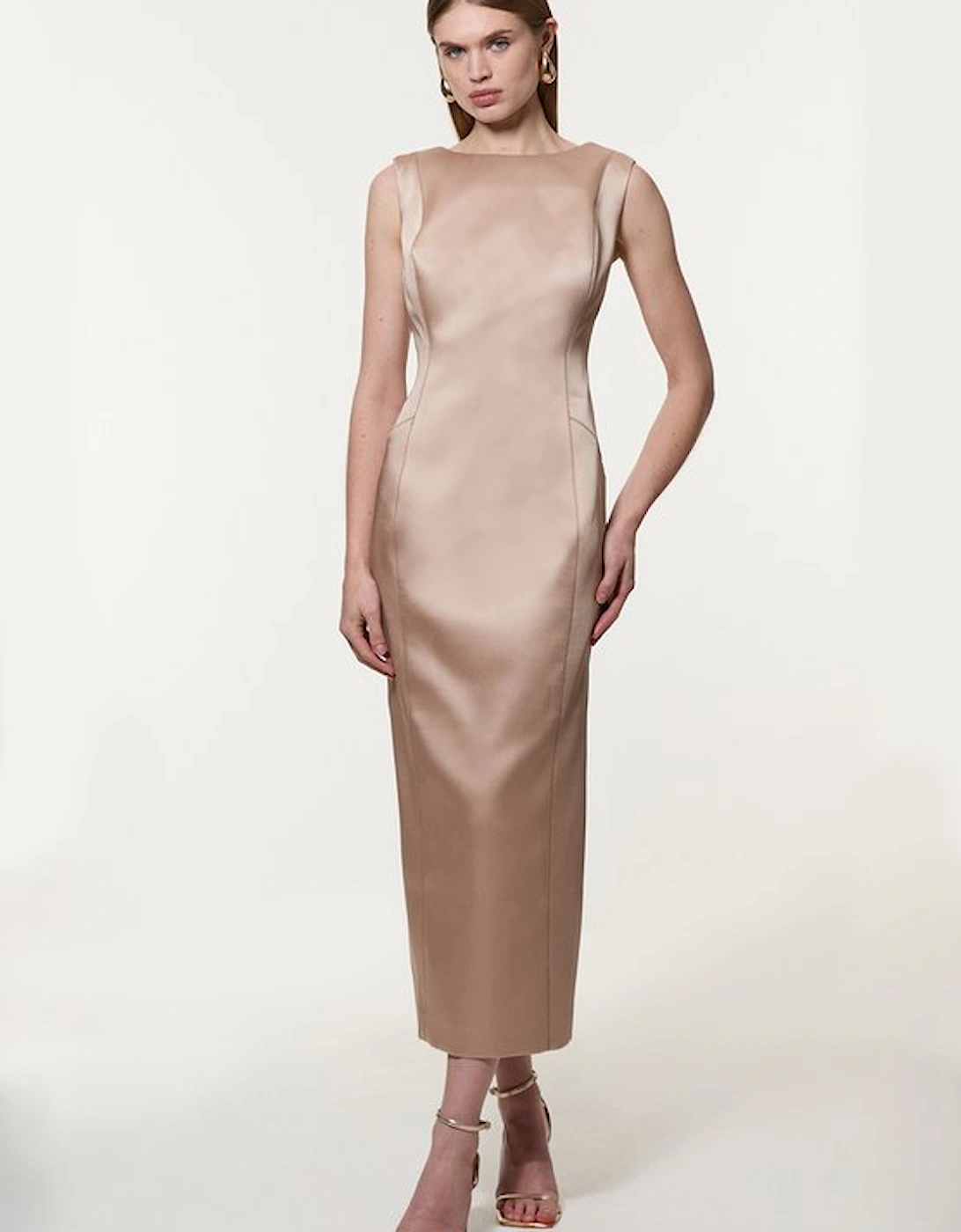 Structured Viscose Satin Stitch Detail Tailored Pencil Maxi Dress, 5 of 4