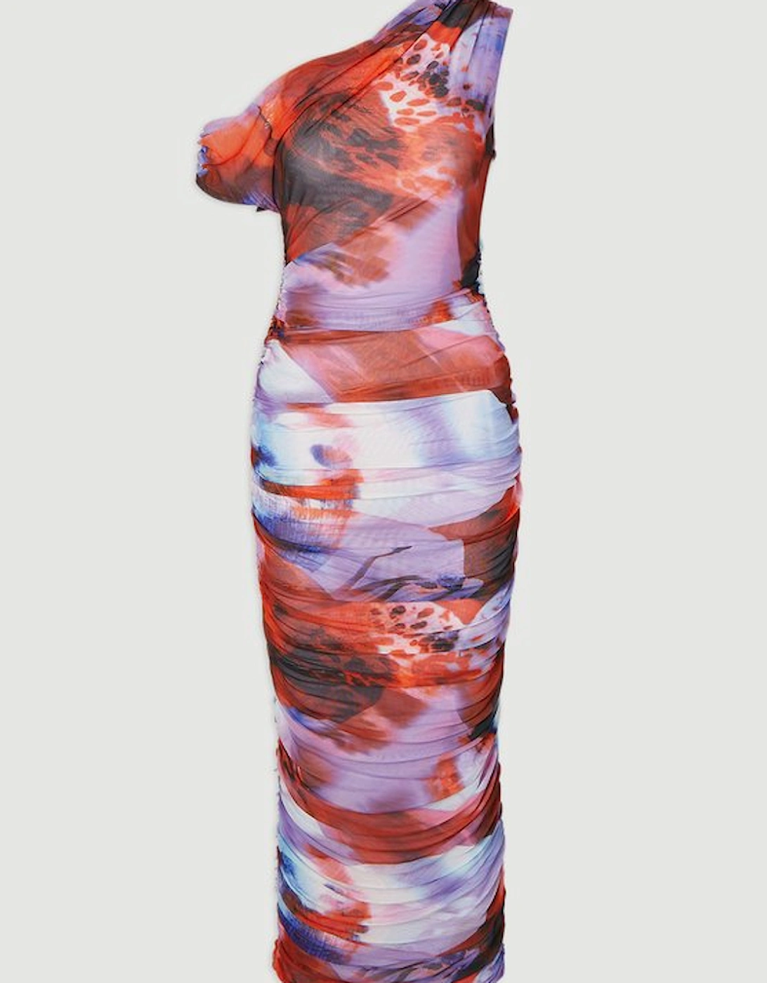 Floral Printed Mesh Ruched One Shoulder Maxi Dress