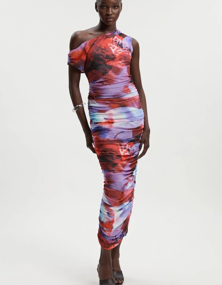 Floral Printed Mesh Ruched One Shoulder Maxi Dress