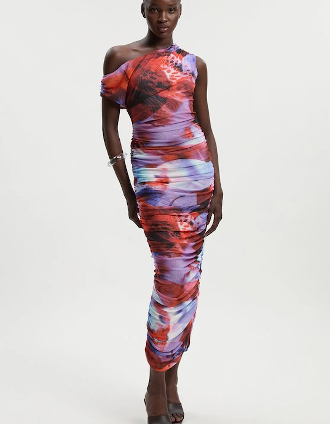 Floral Printed Mesh Ruched One Shoulder Maxi Dress, 5 of 4