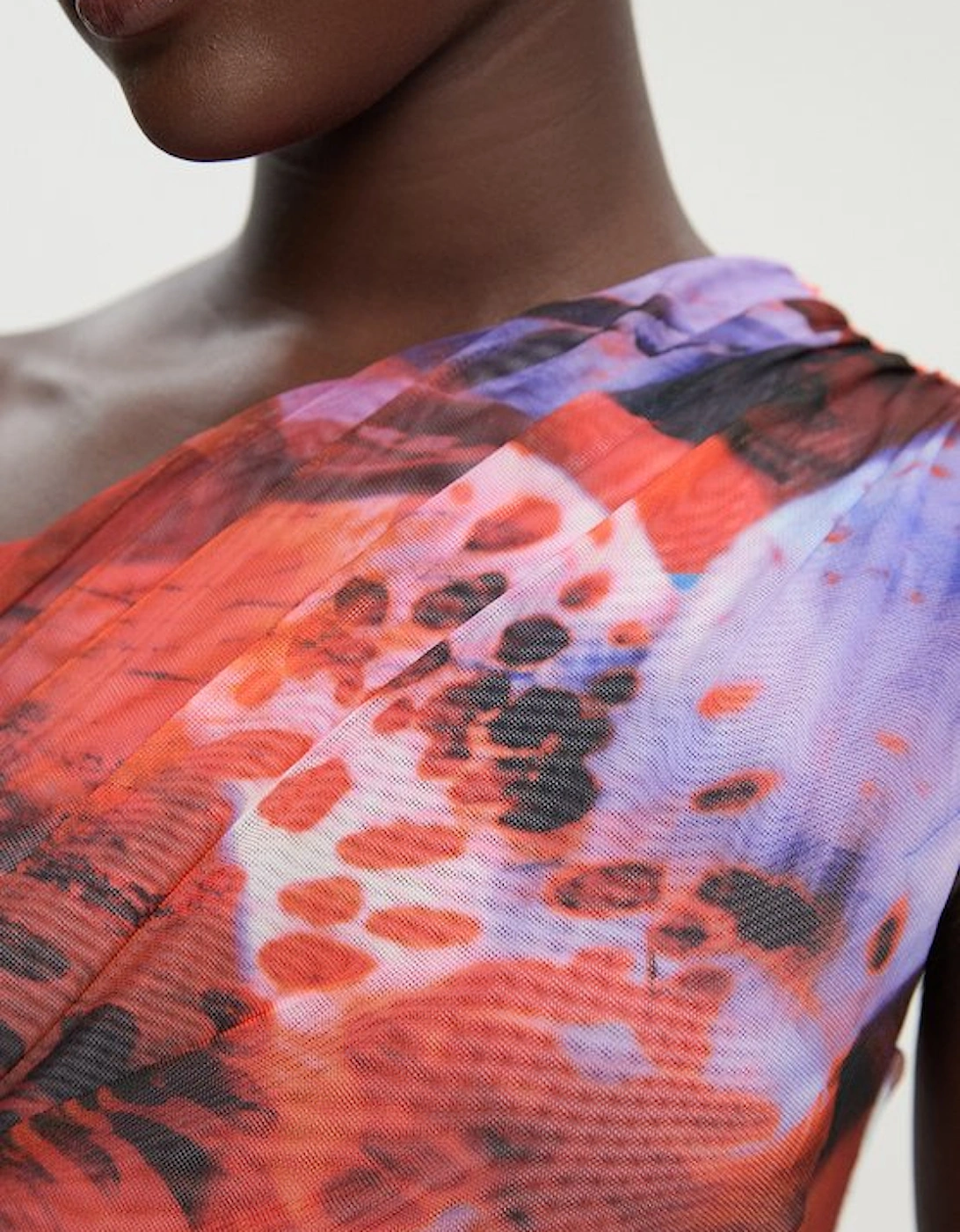 Floral Printed Mesh Ruched One Shoulder Maxi Dress