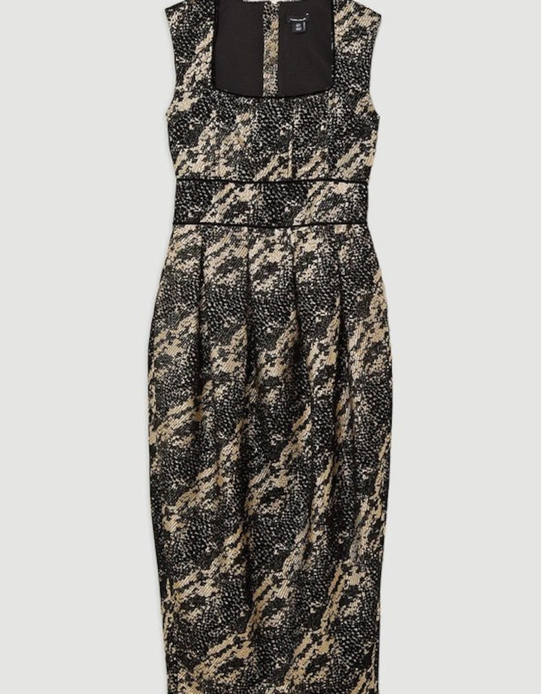 Petite Metallic Velvet Jacquard Tailored Square Neck Midi Dress