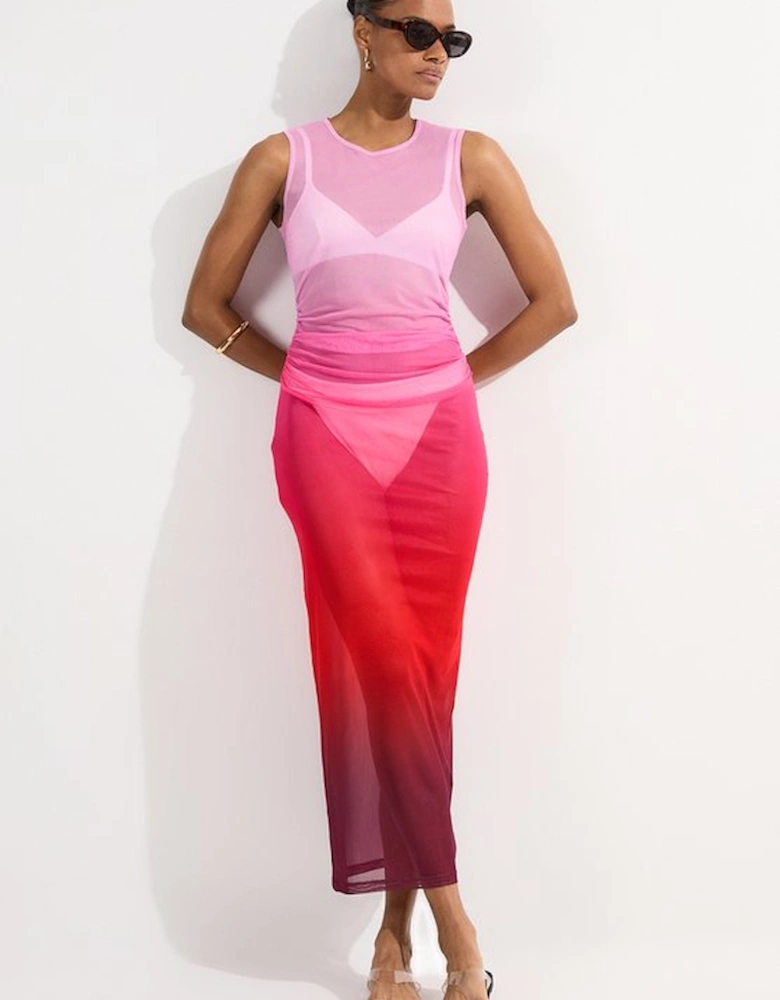 Ombre Mesh Ruched Beach Dress