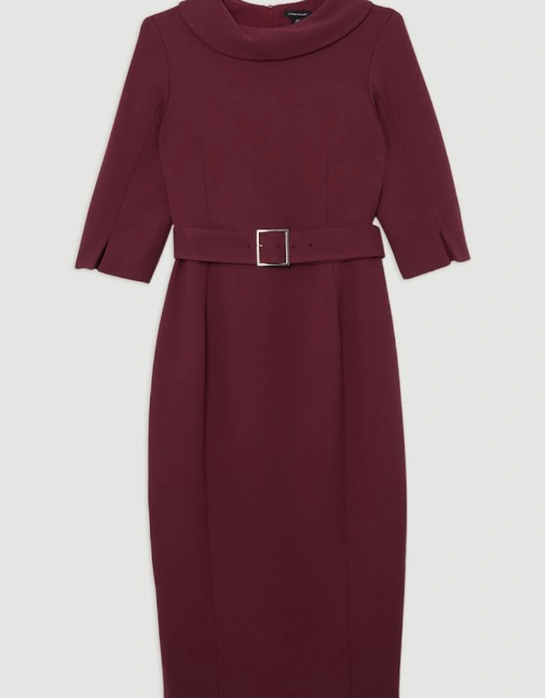 Tailored Structured Crepe Roll Neck Belted Midi Dress