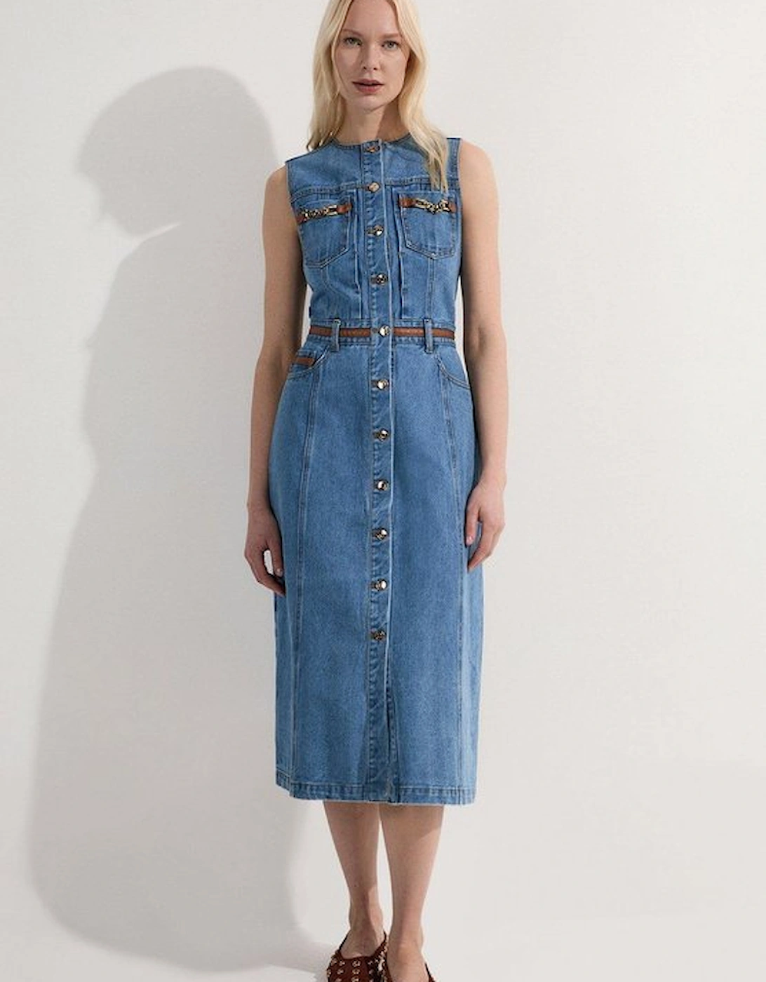 Petite Denim & Faux Leather Tipping Sleeveless Midi Dress