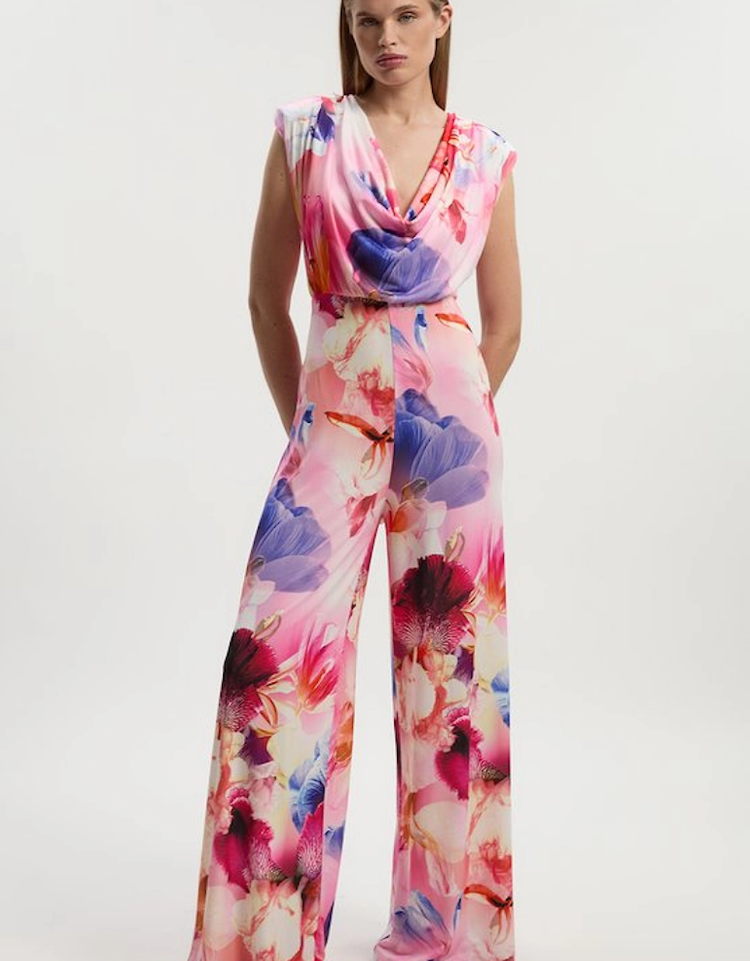 Floral Printed Drapey Jersey Cowl Neck Wide Leg Jumpsuit, 5 of 4
