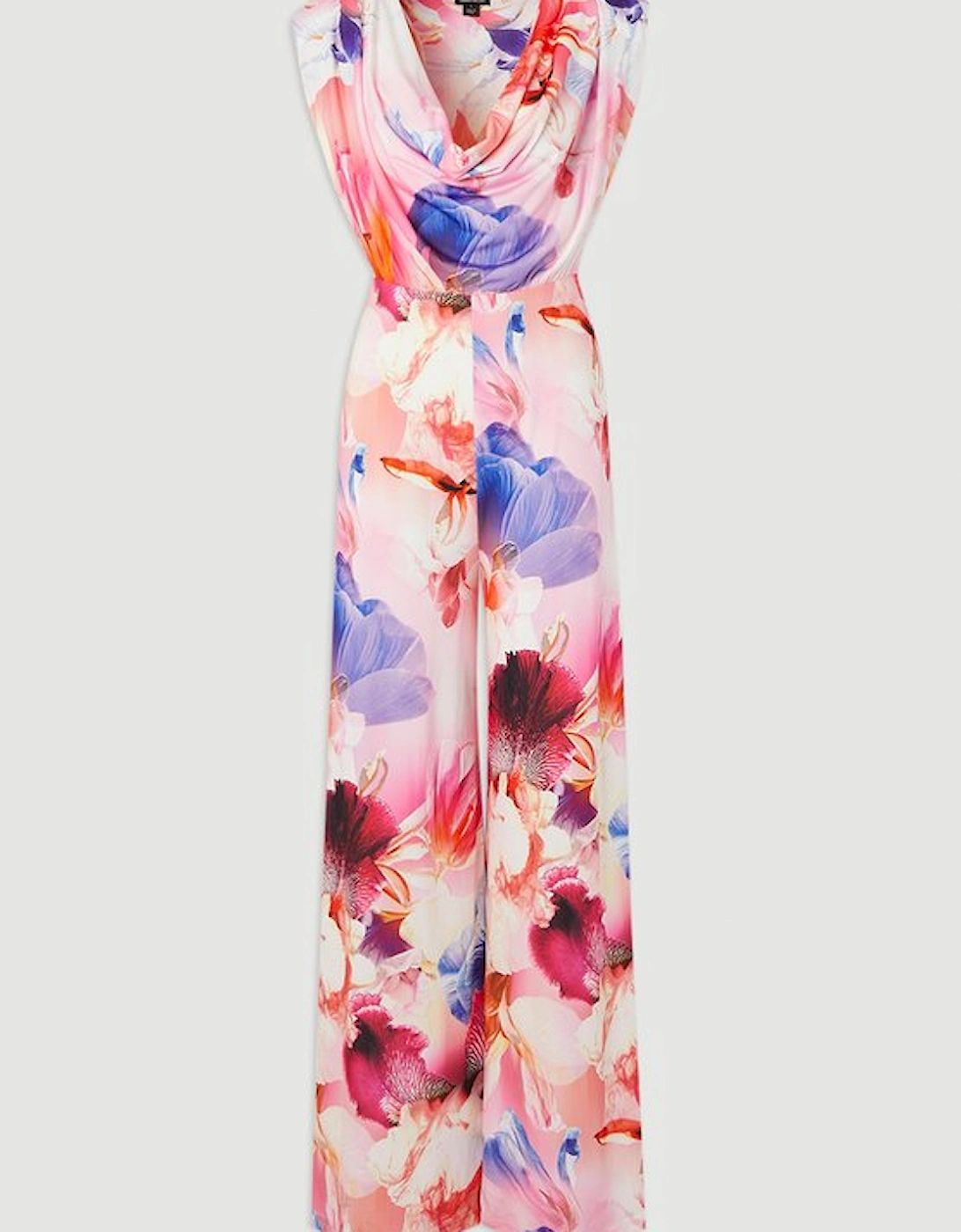 Tall Floral Printed Drapey Jersey Cowl Neck Wide Leg Jumpsuit