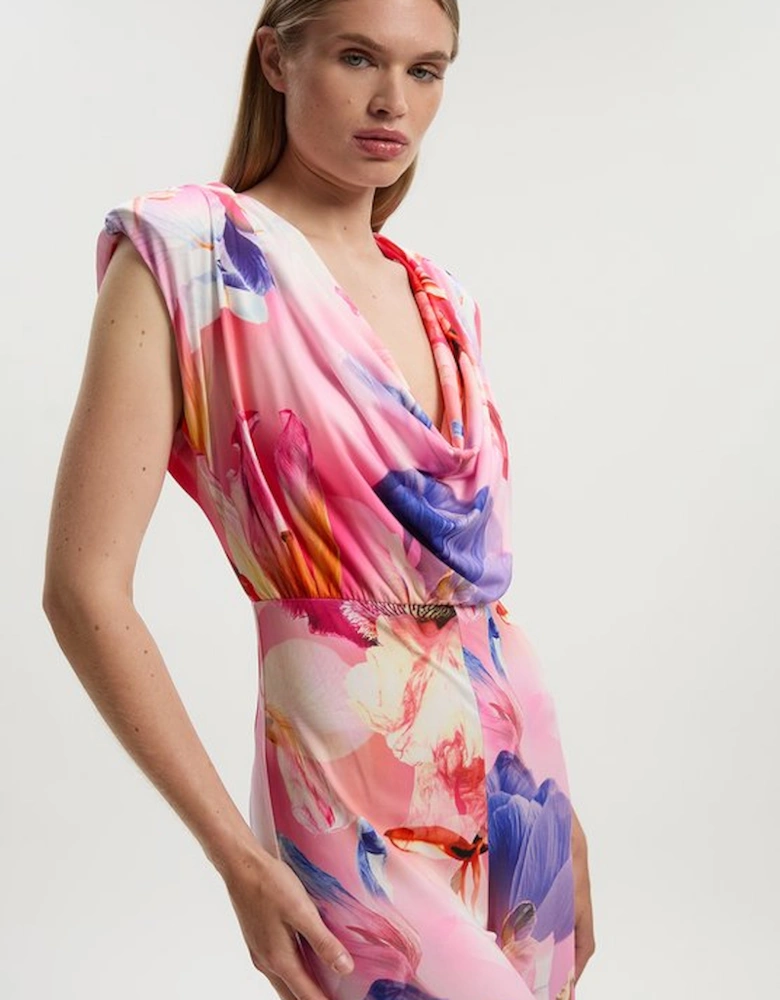 Floral Printed Drapey Jersey Cowl Neck Wide Leg Jumpsuit