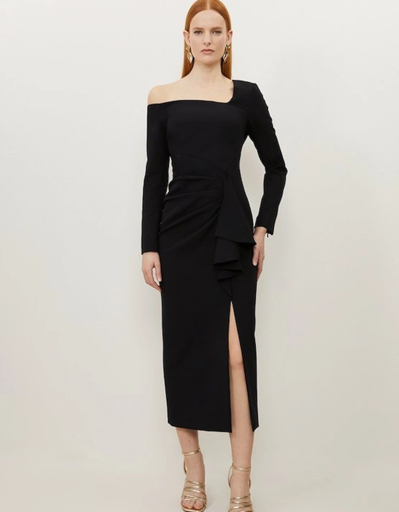 Petite Stretch Crepe Asymmetric Neckline Draped Maxi Dress