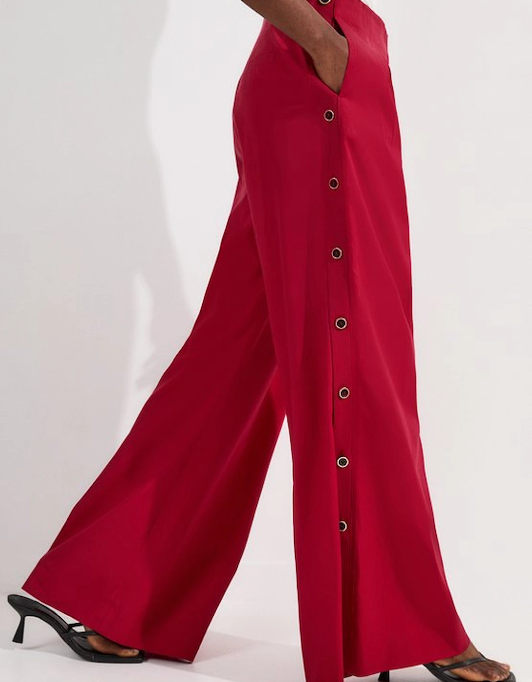 Tailored Polished Cotton Button Side Wide Leg Trousers