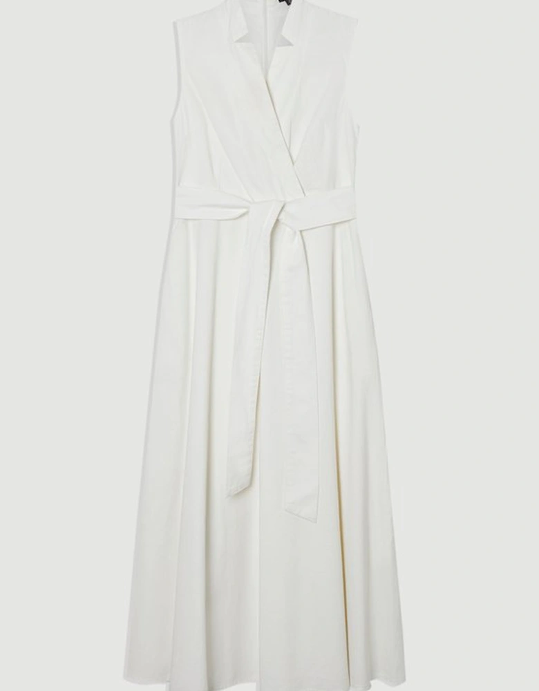 Denim Tailored Notch Neck Belted Fluid Midi Dress