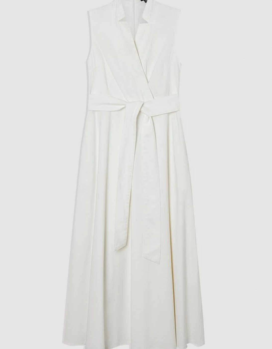 Denim Tailored Notch Neck Belted Fluid Midi Dress