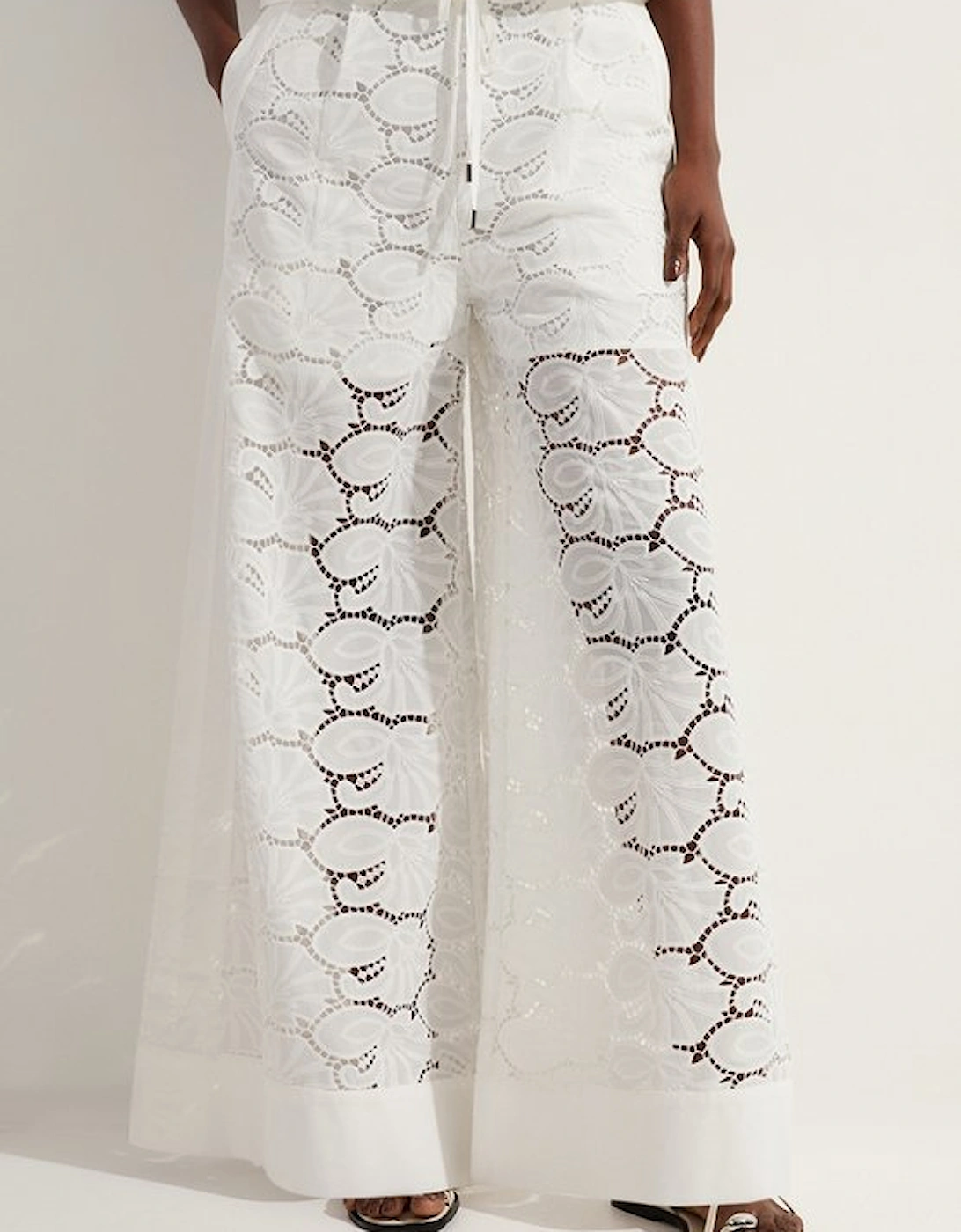Cotton Cutwork Panelled Woven Wide Leg Trouser