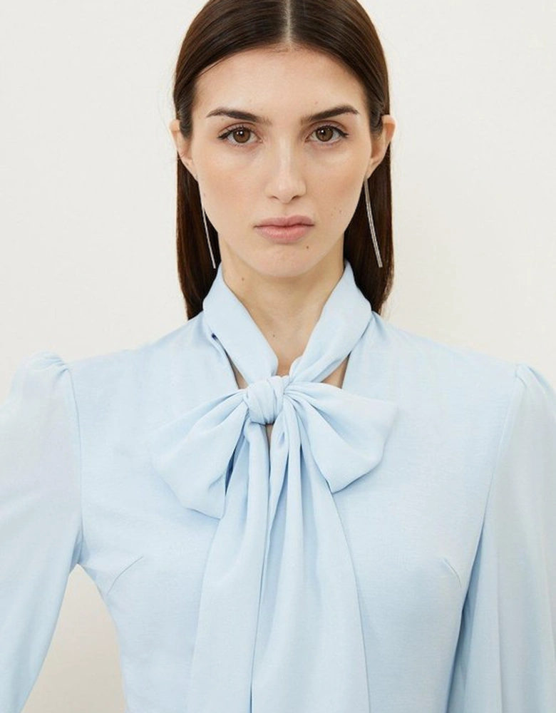 Jersey Ponte And Georgette Mix Tie Neck Long Sleeve Bodysuit