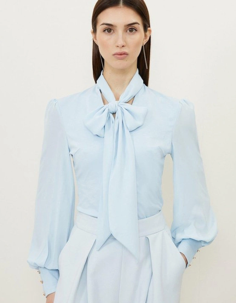Jersey Ponte And Georgette Mix Tie Neck Long Sleeve Bodysuit