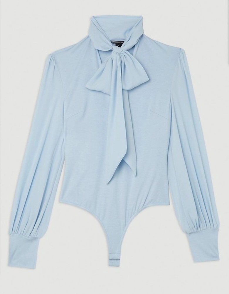 Jersey Ponte And Georgette Mix Tie Neck Long Sleeve Bodysuit