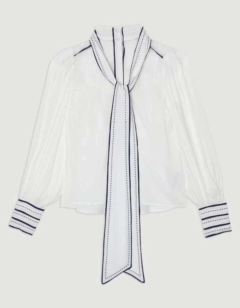 Archive Collection - Balloon Sleeve Contrast Stitch Bow Woven Blouse