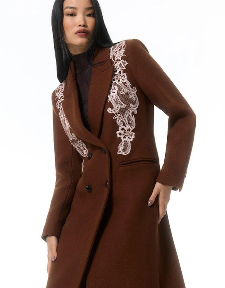 Wool Blend Embroidered Embellished Placed Floral Double Breasted Tailored Midi Coat