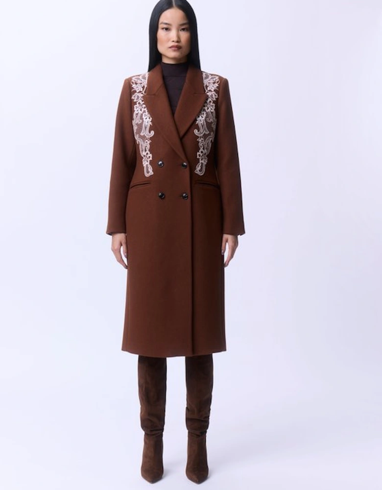 Wool Blend Embroidered Embellished Placed Floral Double Breasted Tailored Midi Coat