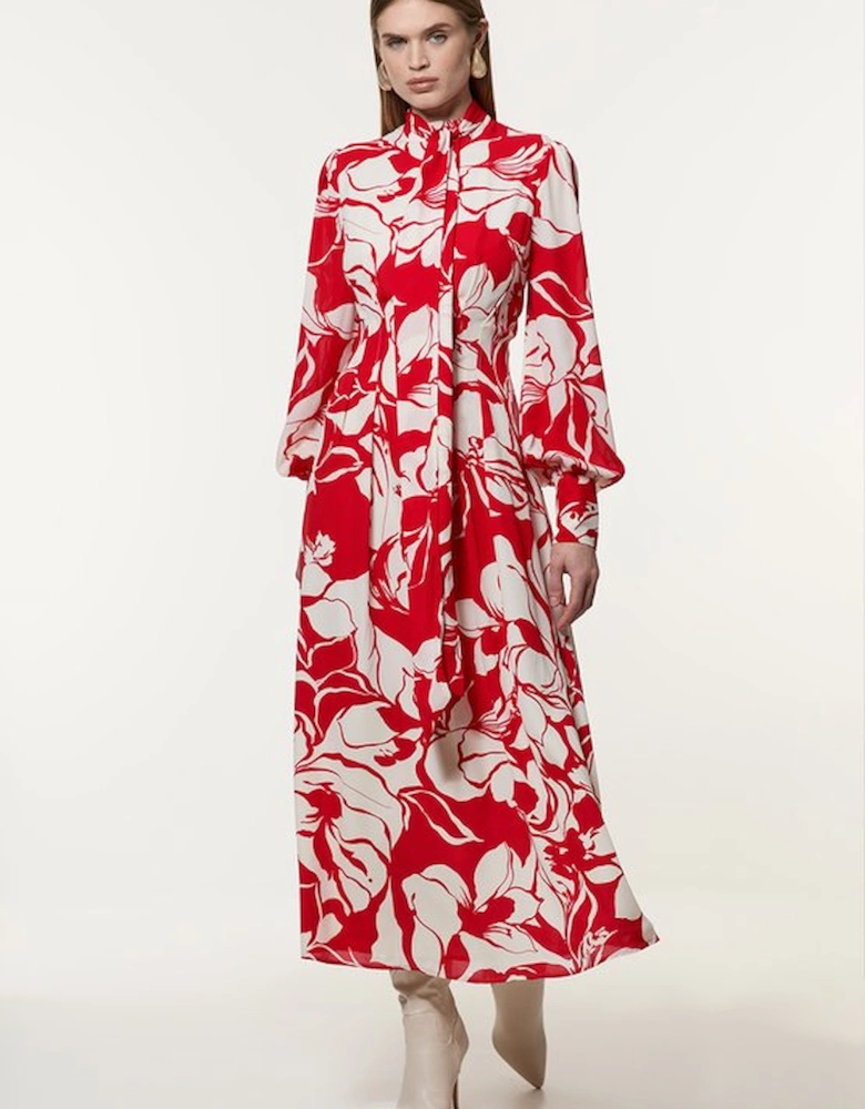 Petite Printed Tie Neck Woven Maxi Dress