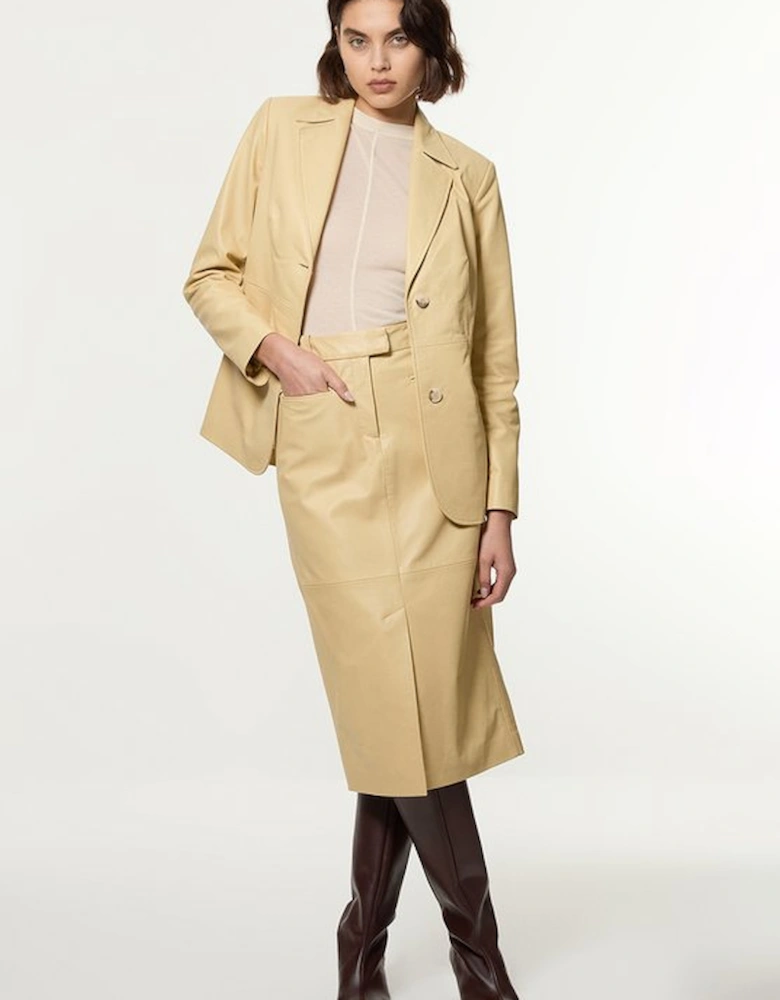 Leather Tailored Pencil Midi Skirt