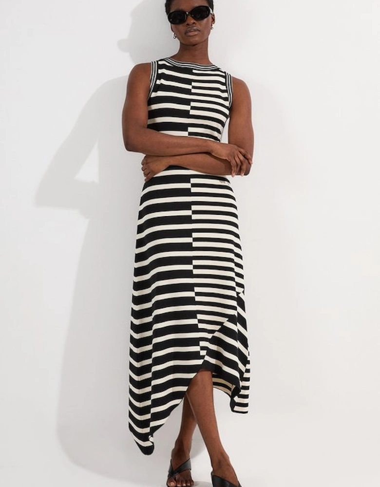 Asymmetric Hem Cut About Stripe Sleeveless Knitted Midi Dress