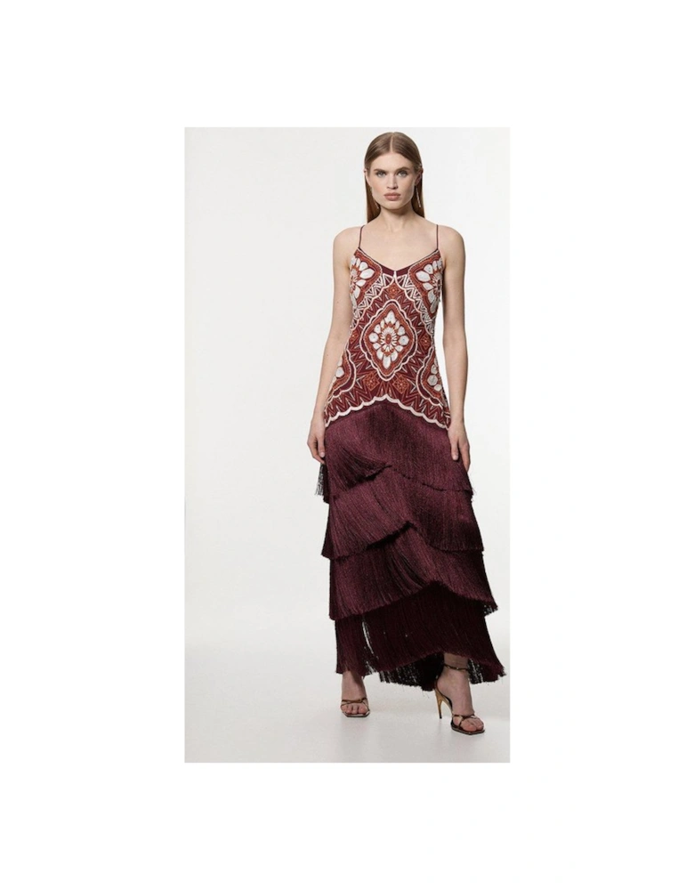 Embellished Fringe Strappy Woven Maxi Dress