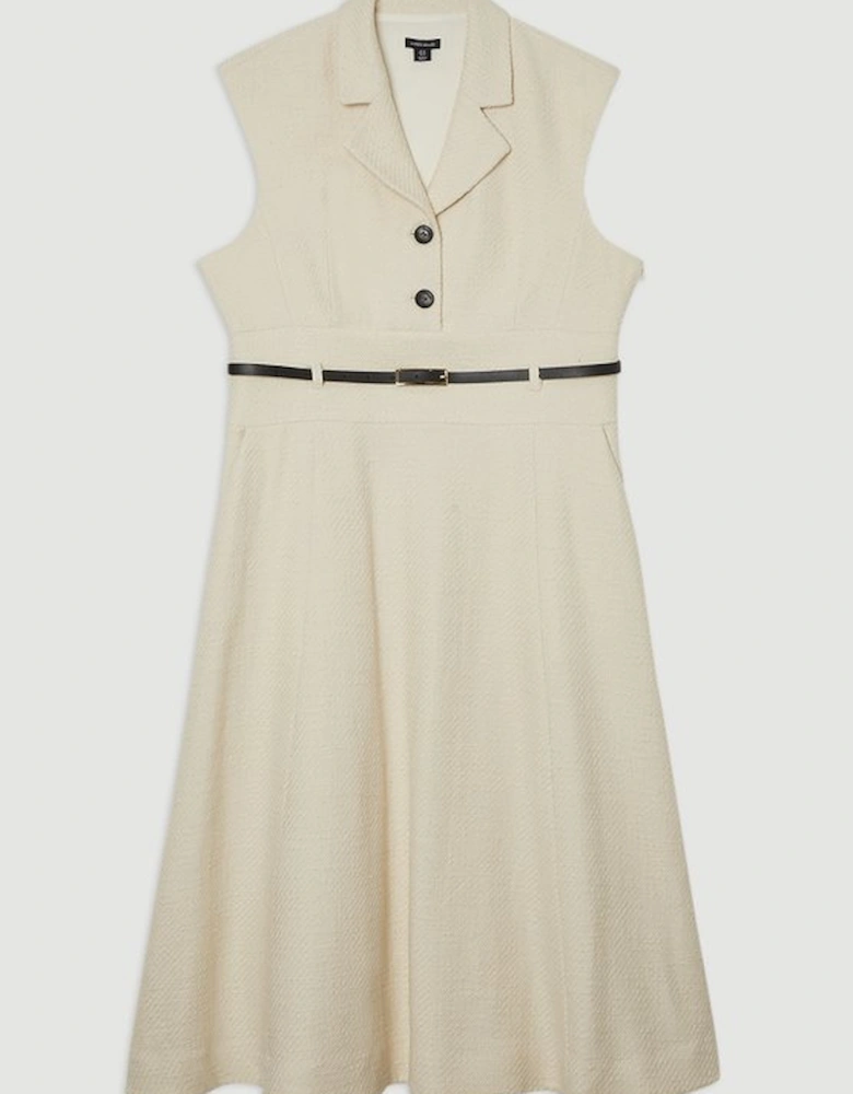 Plus Size Textured Tweed Belted Full Skirted Midi Dress