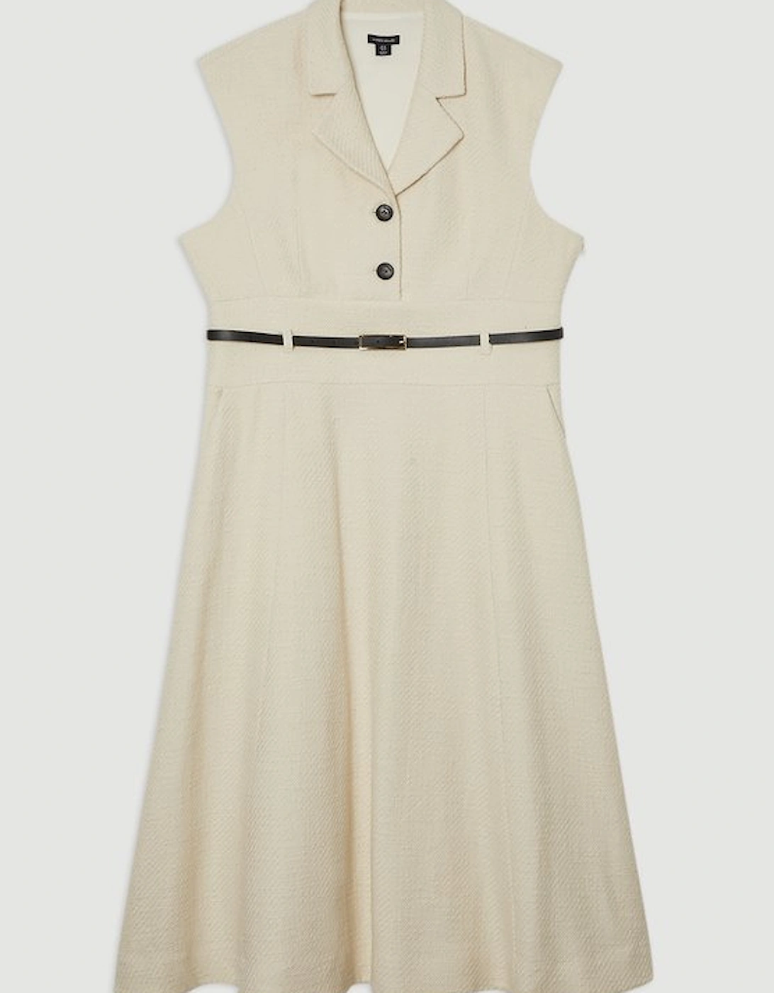 Plus Size Textured Tweed Belted Full Skirted Midi Dress