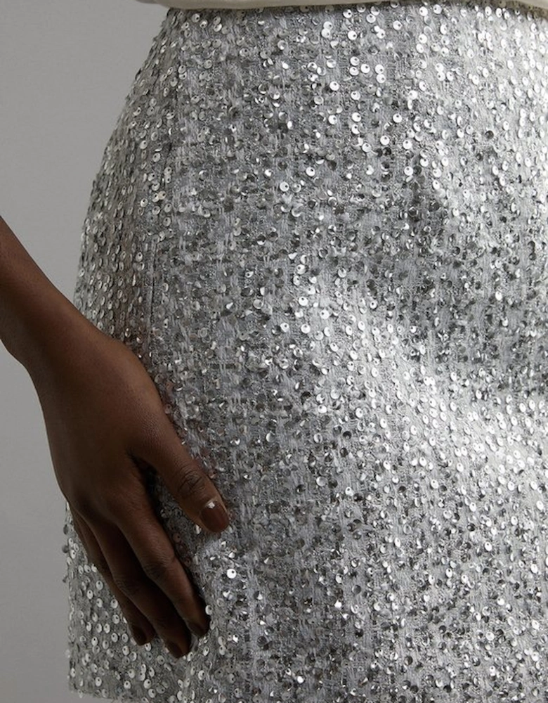 Tall Sequin Metallic Boucle Belted Tailored Mini Skirt