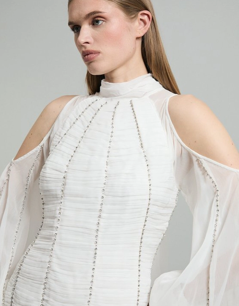 High Neck Embellished Ruched Georgette Woven Maxi Dress