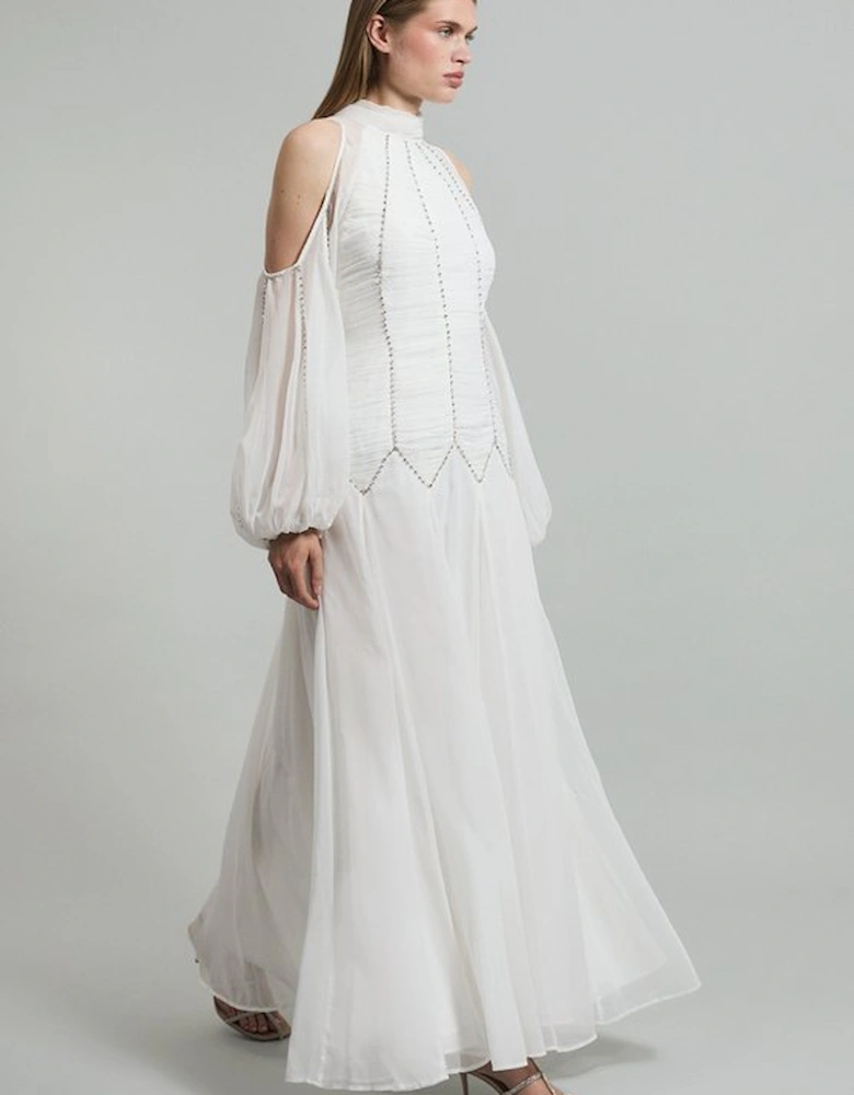 High Neck Embellished Ruched Georgette Woven Maxi Dress