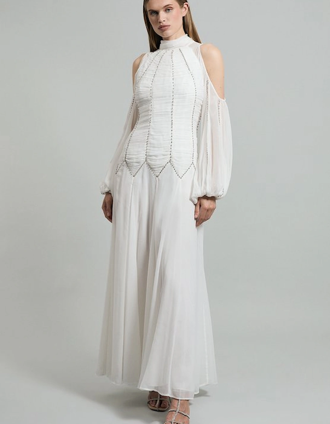 High Neck Embellished Ruched Georgette Woven Maxi Dress