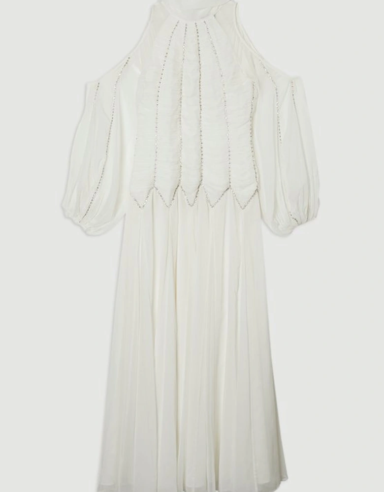 High Neck Embellished Ruched Georgette Woven Maxi Dress