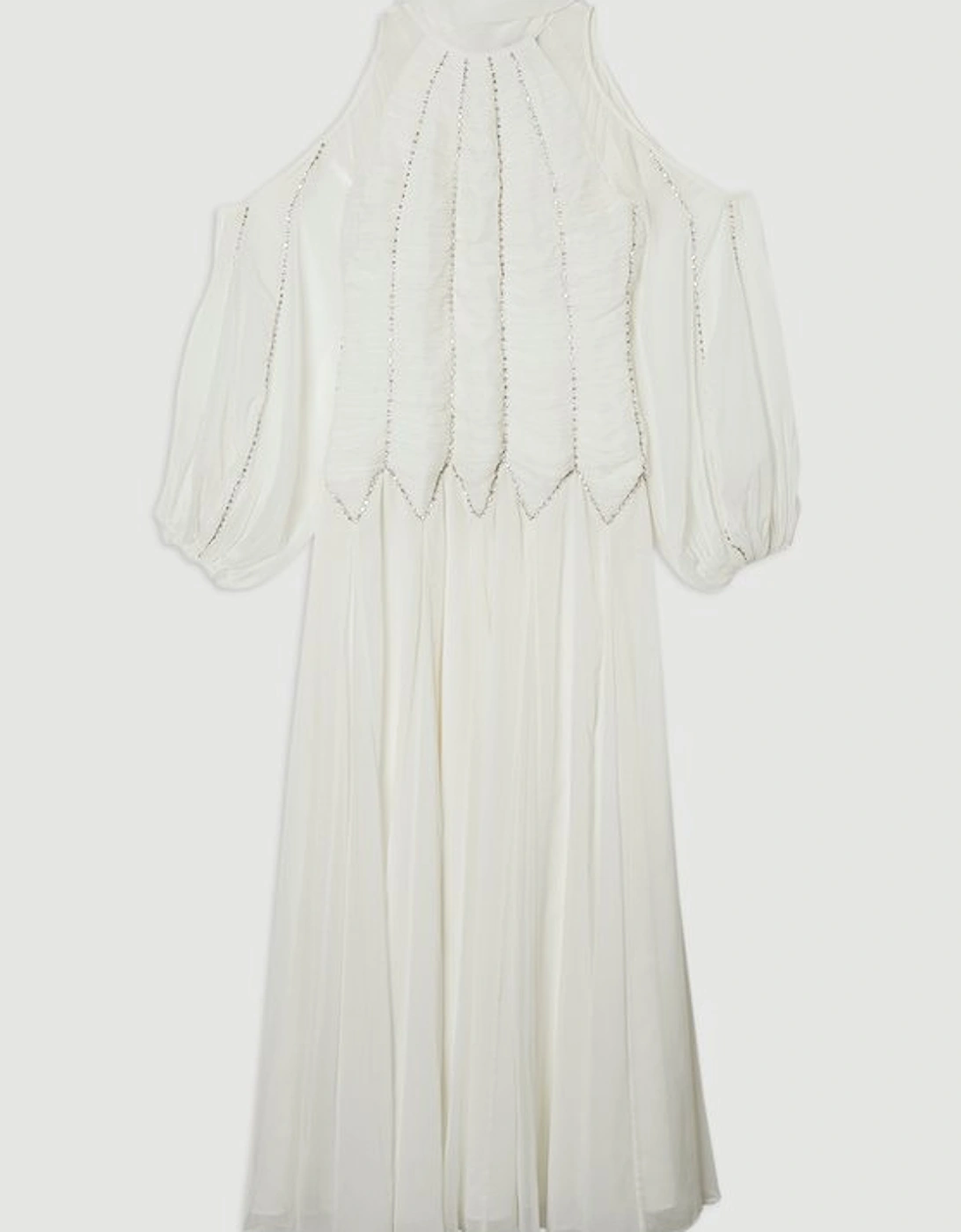 High Neck Embellished Ruched Georgette Woven Maxi Dress