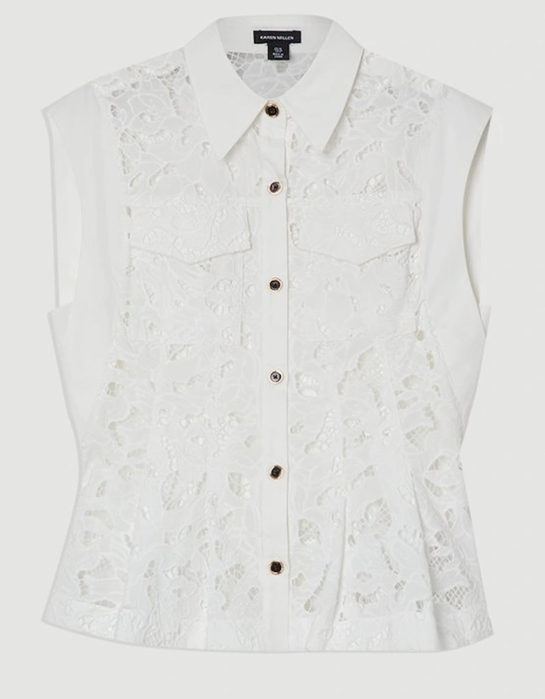 Cutwork Topstitch Pintuck Woven Blouse