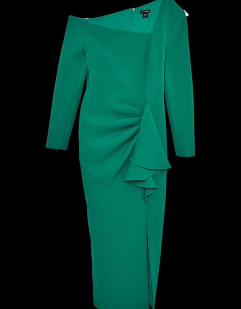 Stretch Crepe Asymmetric Neckline Draped Midi Dress