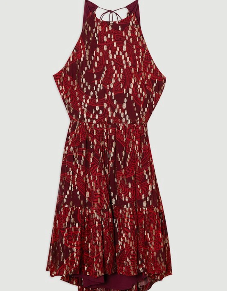 Printed Metallic Viscose Georgette Thread Halter Woven Mini Dress