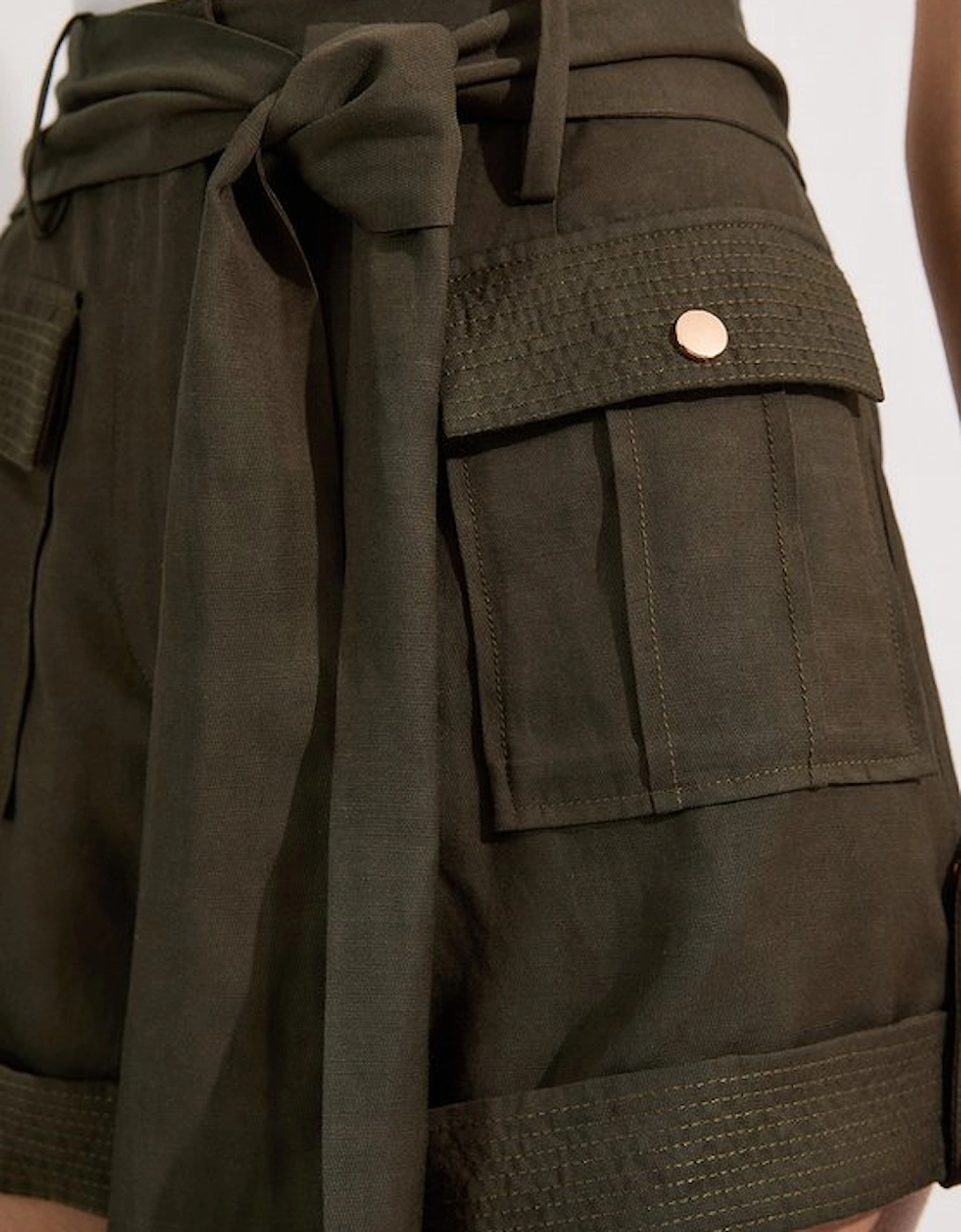 Tall Linen Twill Top Stitch Belted Woven Short