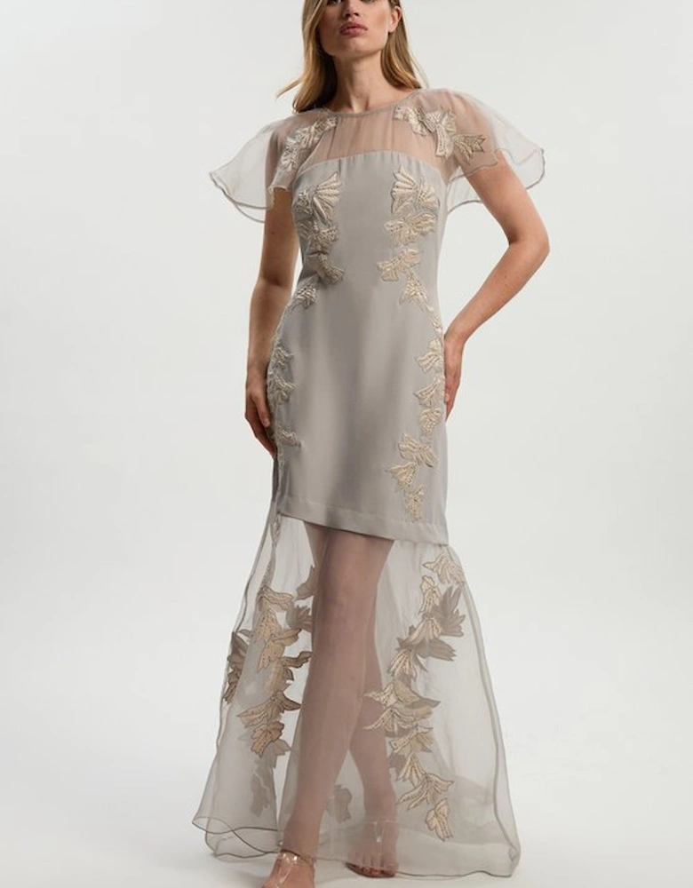 Quilted Applique Organdie Angel Sleeve Woven Maxi Dress