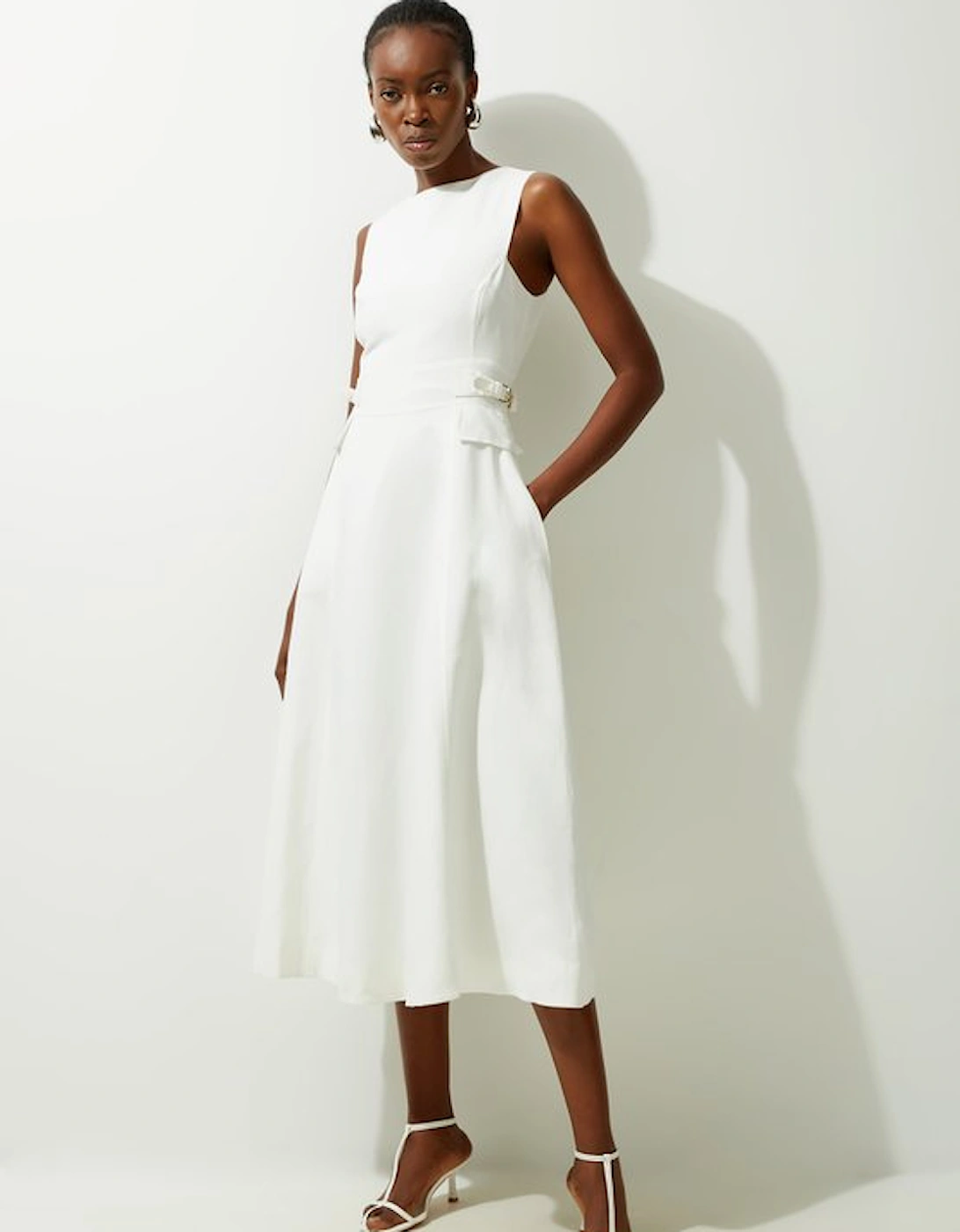 Petite Premium Linen Tab Waist Detail Full Skirt Tailored Midi Dress, 4 of 3