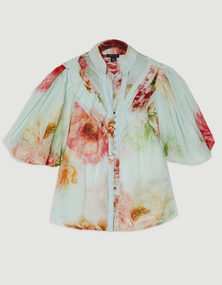 Silk Cotton Short Sleeve Pintuck Woven Blouse