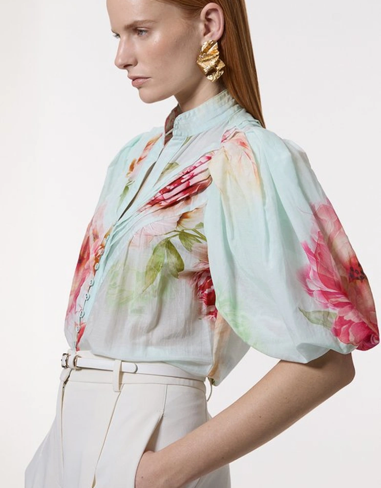 Silk Cotton Short Sleeve Pintuck Woven Blouse