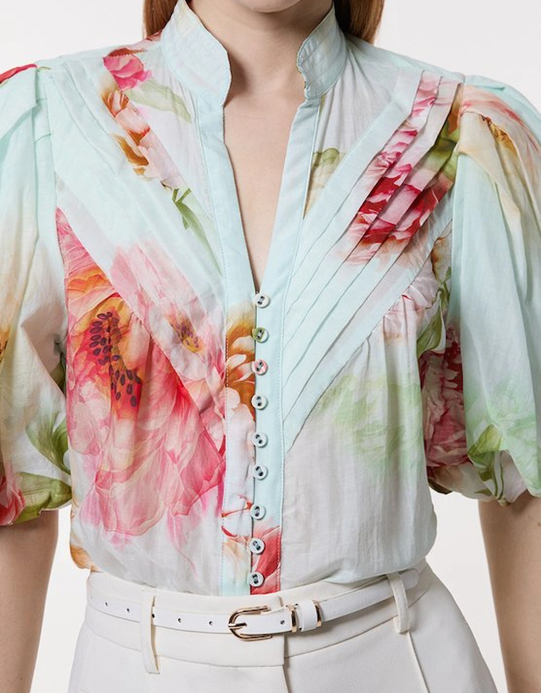 Silk Cotton Short Sleeve Pintuck Woven Blouse