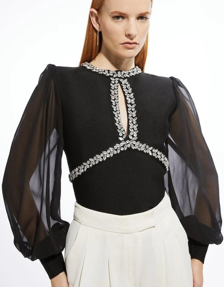 Bandage Embellished And Chiffon Sleeve Figure Form Knit Top