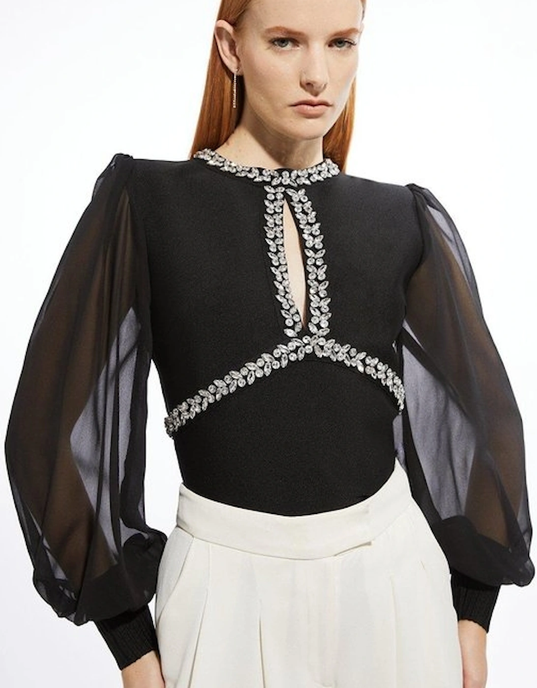 Bandage Embellished And Chiffon Sleeve Figure Form Knit Top, 5 of 4