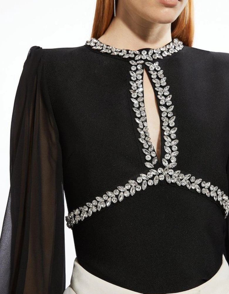 Bandage Embellished And Chiffon Sleeve Figure Form Knit Top