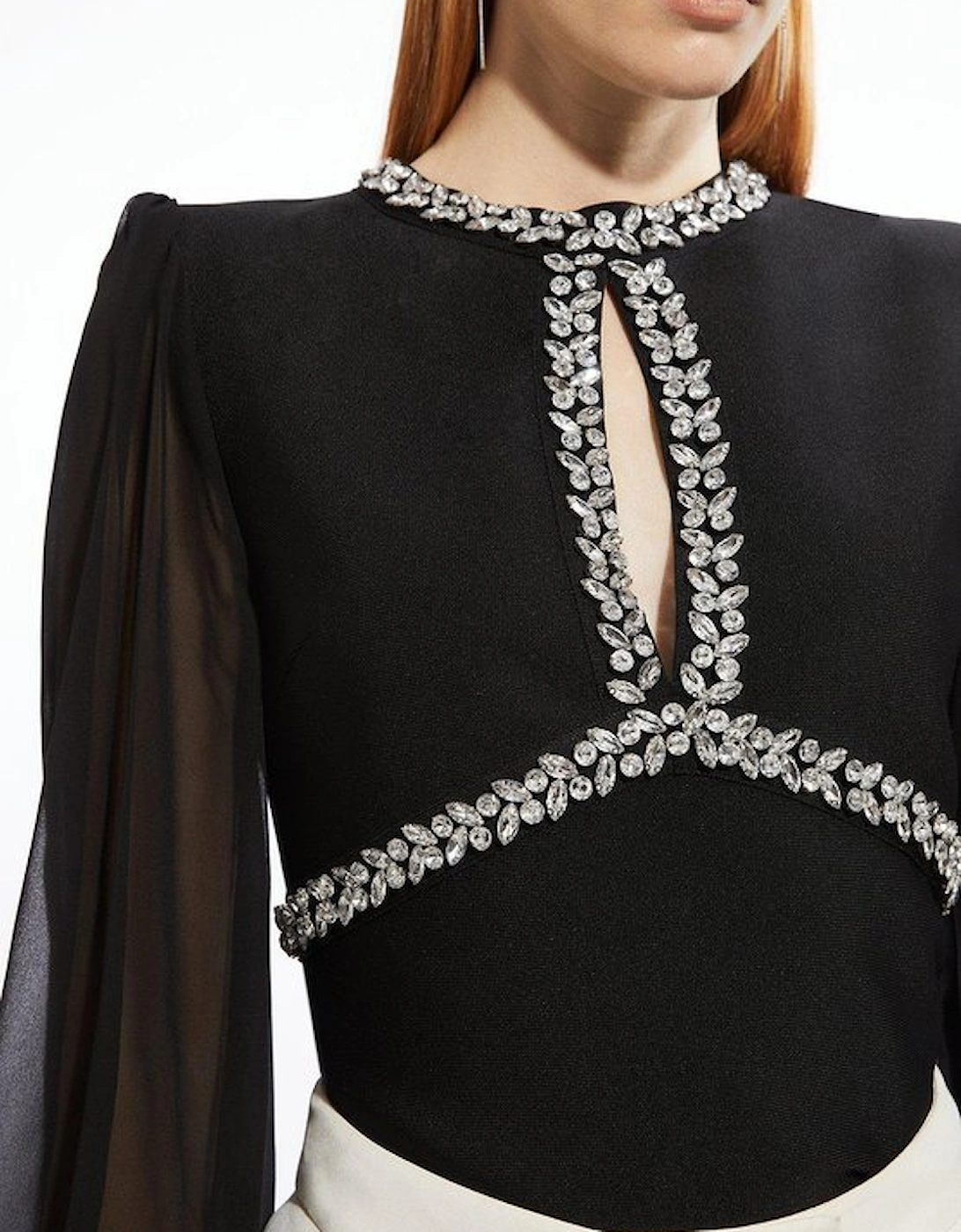 Bandage Embellished And Chiffon Sleeve Figure Form Knit Top