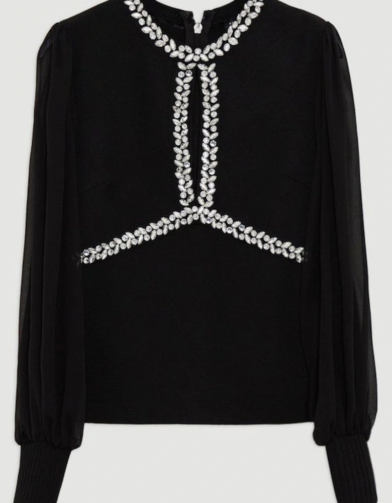 Bandage Embellished And Chiffon Sleeve Figure Form Knit Top