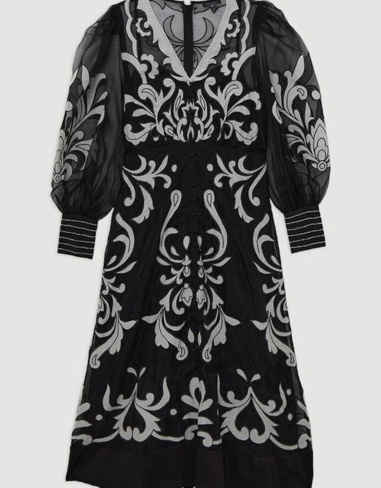 Petite Applique Organdie Buttoned Woven Midi Dress